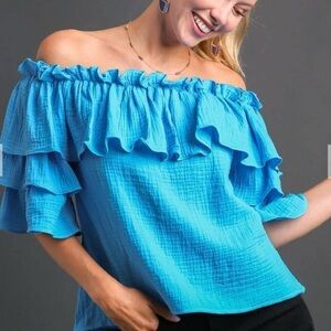 Blue Gauze Ruffle Off The Shoulder Top